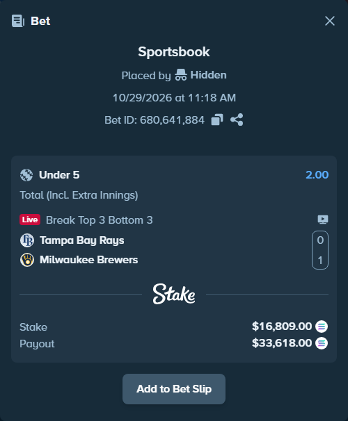 Bet slip: Tampa Bay Rays - Milwaukee Brewers, $16,461.26 stake at 2.00 odds, placed by AustinAlgamus