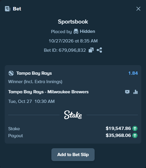Bet slip: Tampa Bay Rays - Milwaukee Brewers, $19,567.41 stake at 1.84 odds, placed by DMNTE96