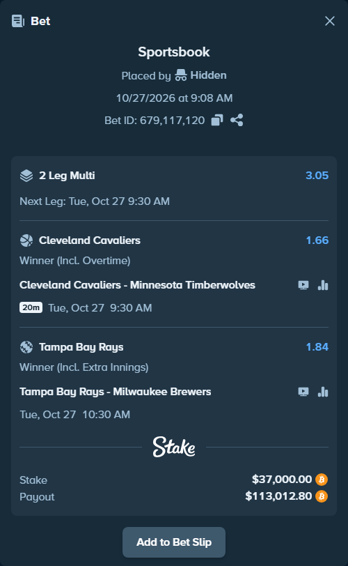 Bet slip: Tampa Bay Rays - Milwaukee Brewers, $36,980.45 stake at 1.84 odds, placed by Hidden