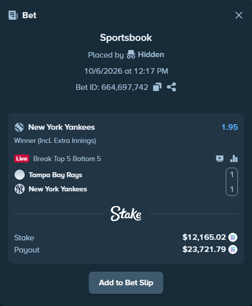Bet slip: Tampa Bay Rays - New York Yankees, $12,132.12 stake at 1.95 odds, placed by Hidden