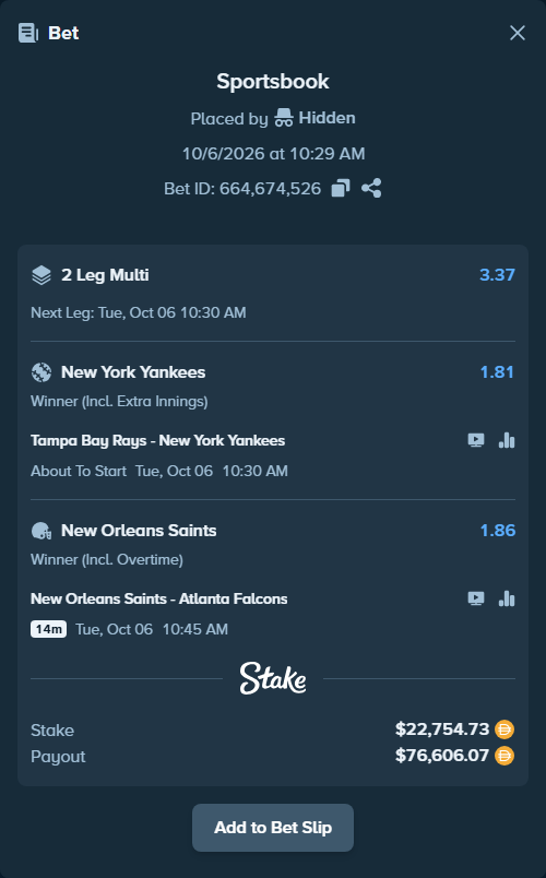 Bet slip: Tampa Bay Rays - New York Yankees, $22,754.73 stake at 1.81 odds, placed by Hidden