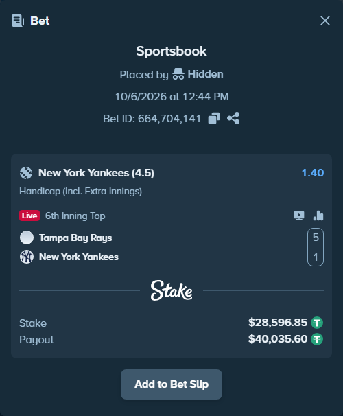 Bet slip: Tampa Bay Rays - New York Yankees, $28,596.85 stake at 1.40 odds, placed by Hidden