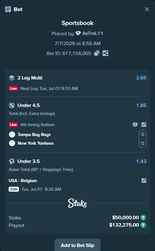 Bet slip: Tampa Bay Rays - New York Yankees, $50,050.00 stake at 1.85 odds, placed by AsTraL11