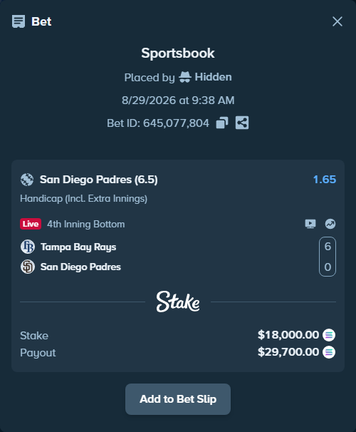 Bet slip: Tampa Bay Rays - San Diego Padres, $18,207.05 stake at 1.65 odds, placed by Hidden
