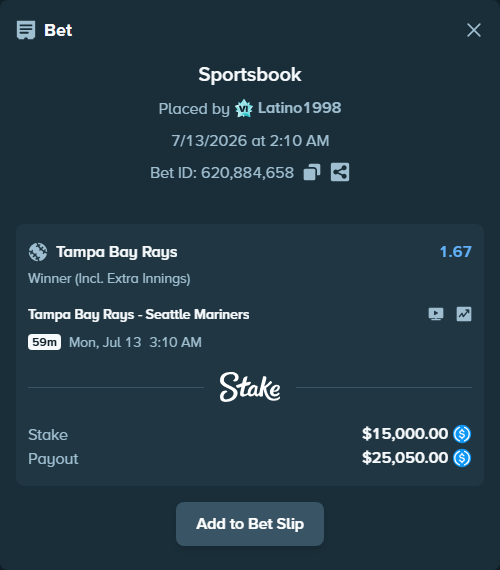 Bet slip: Tampa Bay Rays - Seattle Mariners, $15,000.00 stake at 1.67 odds, placed by Latino1998