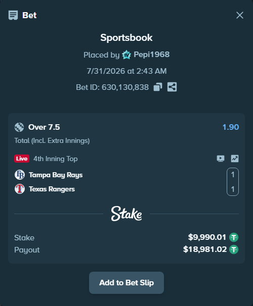 Bet slip: Tampa Bay Rays - Texas Rangers, $10,000.00 stake at 1.90 odds, placed by Pepi1968