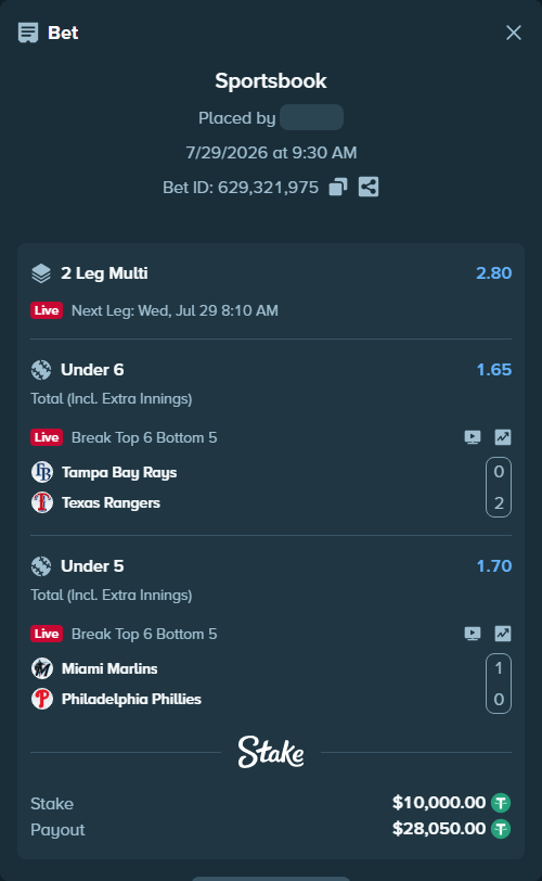Bet slip: Tampa Bay Rays - Texas Rangers, $10,010.00 stake at 1.65 odds, placed by AsTraL11