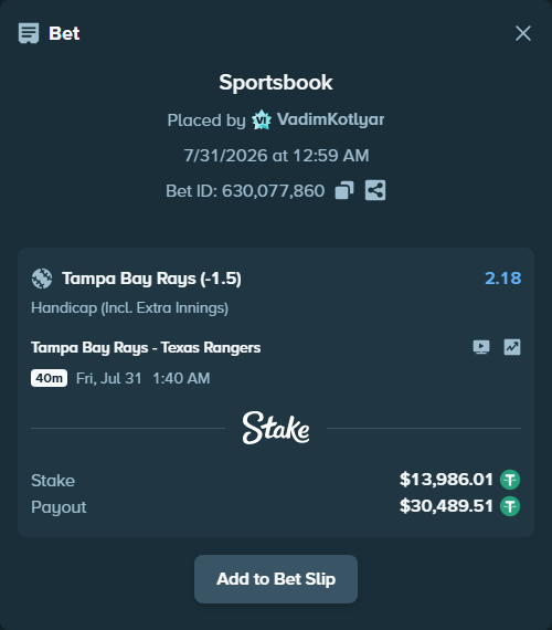 Bet slip: Tampa Bay Rays - Texas Rangers, $14,000.00 stake at 2.18 odds, placed by VadimKotlyar