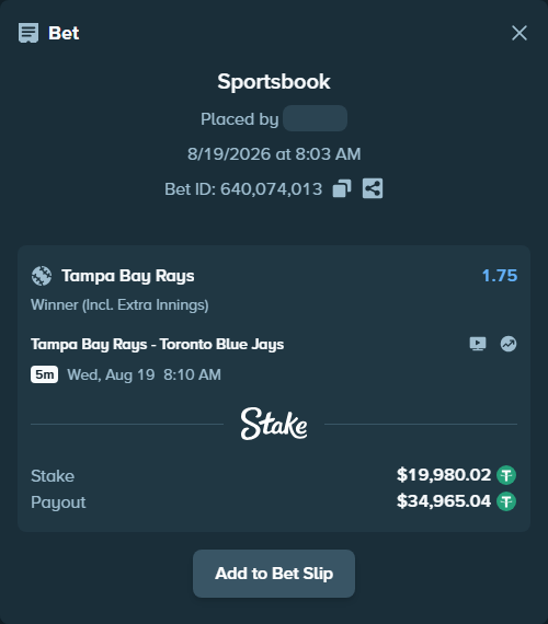 Bet slip: Tampa Bay Rays - Toronto Blue Jays, $20,000.00 stake at 1.75 odds, placed by dvento