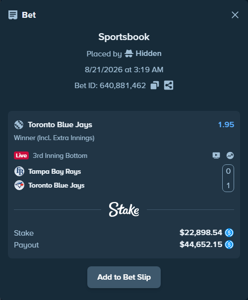 Bet slip: Tampa Bay Rays - Toronto Blue Jays, $22,898.54 stake at 1.95 odds, placed by Hidden