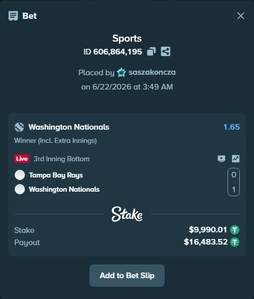 Bet slip: Tampa Bay Rays - Washington Nationals, $10,000.00 stake at 1.65 odds, placed by saszakoncza