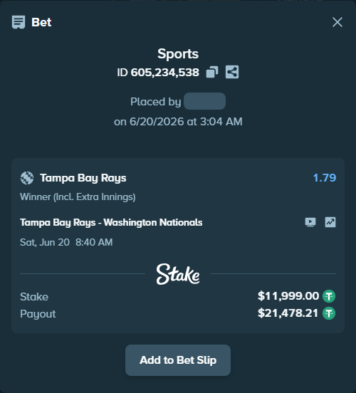 Bet slip: Tampa Bay Rays - Washington Nationals, $12,011.00 stake at 1.79 odds, placed by Othmane2kiks