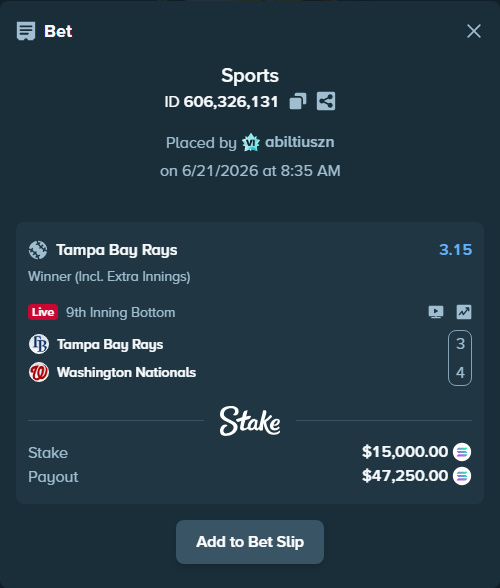 Bet slip: Tampa Bay Rays - Washington Nationals, $14,824.68 stake at 3.15 odds, placed by abiltiuszn