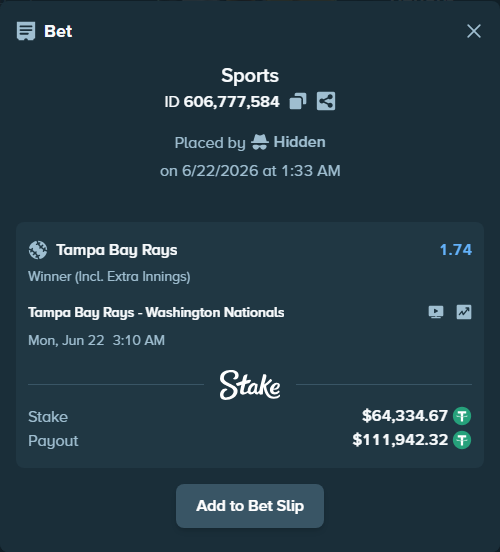 Bet slip: Tampa Bay Rays - Washington Nationals, $64,399.00 stake at 1.74 odds, placed by Hidden