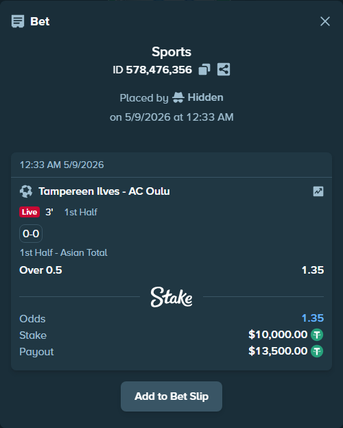 Bet slip: Tampereen Ilves - AC Oulu, $10,000.00 stake at 1.35 odds, placed by Hidden