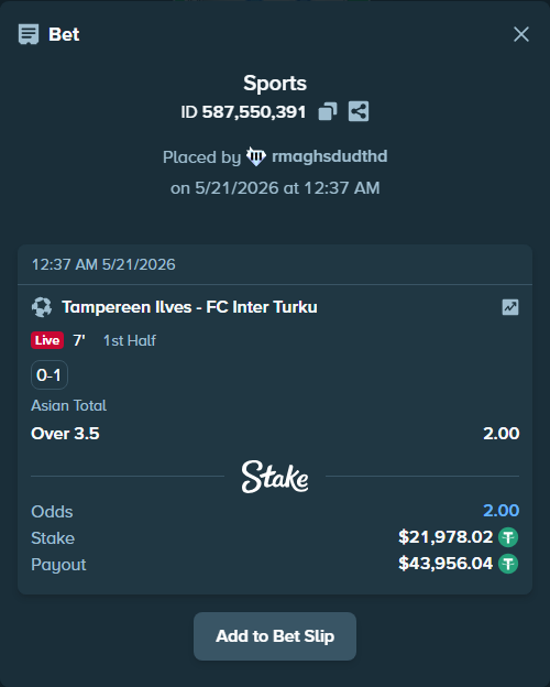 Bet slip: Tampereen Ilves - FC Inter Turku, $22,000.00 stake at 2.00 odds, placed by rmaghsdudthd