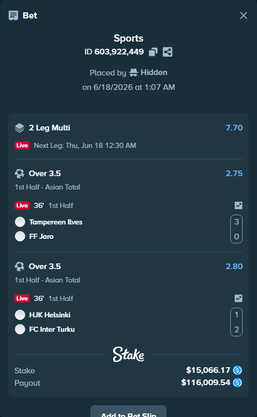 Bet slip: Tampereen Ilves - FF Jaro, $15,066.17 stake at 2.75 odds, placed by Hidden