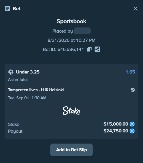 Bet slip: Tampereen Ilves - HJK Helsinki, $15,000.00 stake at 1.65 odds, placed by NolanVoss