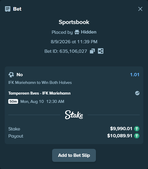 Bet slip: Tampereen Ilves - IFK Mariehamn, $10,000.00 stake at 1.01 odds, placed by Hidden