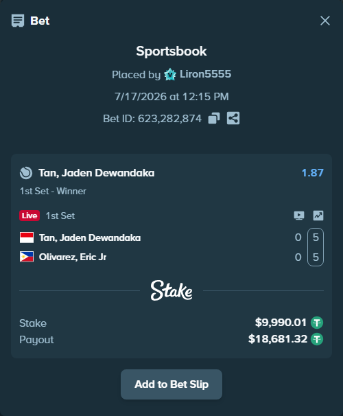 Bet slip: Tan, Jaden Dewandaka - Olivarez, Eric Jr, $10,000.00 stake at 1.87 odds, placed by Liron5555