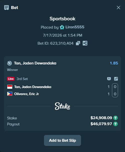 Bet slip: Tan, Jaden Dewandaka - Olivarez, Eric Jr, $24,933.00 stake at 1.85 odds, placed by Liron5555