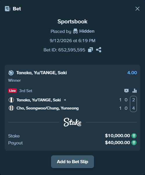 Bet slip: Tanaka, Yu/TANGE, Saki - Cho, Seongwoo/Chung, Yunseong, $10,000.00 stake at 4.00 odds, placed by Hidden