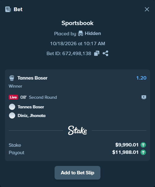 Bet slip: Tannes Boser - Diniz, Jhonata, $10,000.00 stake at 1.20 odds, placed by klowertox32