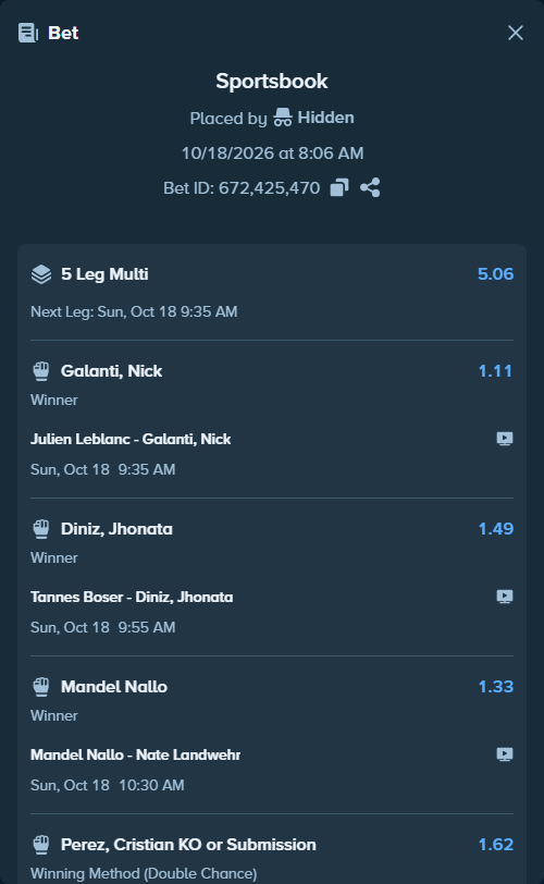 Bet slip: Tannes Boser - Diniz, Jhonata, $11,574.52 stake at 1.49 odds, placed by MrDivinity