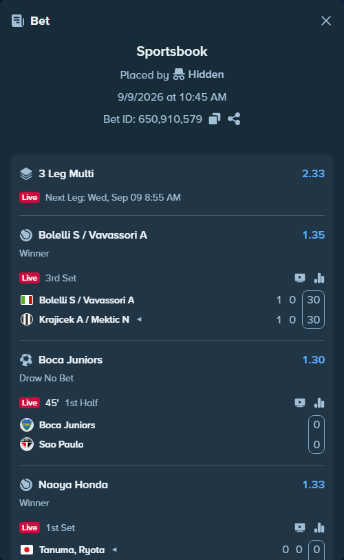 Bet slip: Tanuma, Ryota - Naoya Honda, $30,000.00 stake at 1.33 odds, placed by Hidden