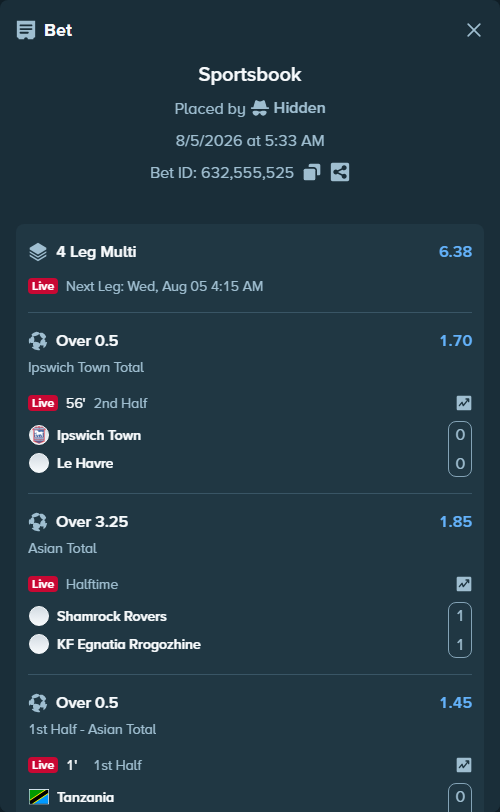 Bet slip: Tanzania - Ivory Coast, $14,581.21 stake at 1.45 odds, placed by Hidden