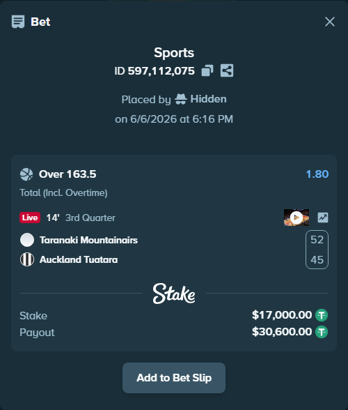 Bet slip: Taranaki Mountainairs - Auckland Tuatara, $17,000.00 stake at 1.80 odds, placed by Hidden