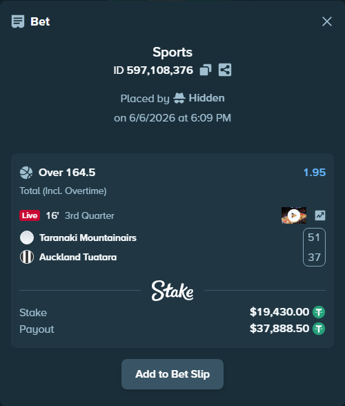 Bet slip: Taranaki Mountainairs - Auckland Tuatara, $19,430.00 stake at 1.95 odds, placed by Hidden