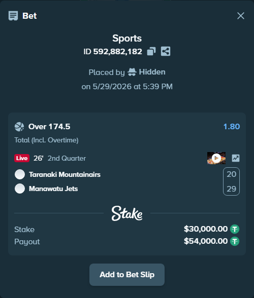 Bet slip: Taranaki Mountainairs - Manawatu Jets, $30,030.00 stake at 1.80 odds, placed by Hidden