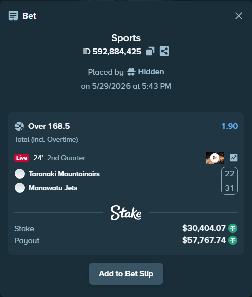 Bet slip: Taranaki Mountainairs - Manawatu Jets, $30,434.48 stake at 1.90 odds, placed by Hidden