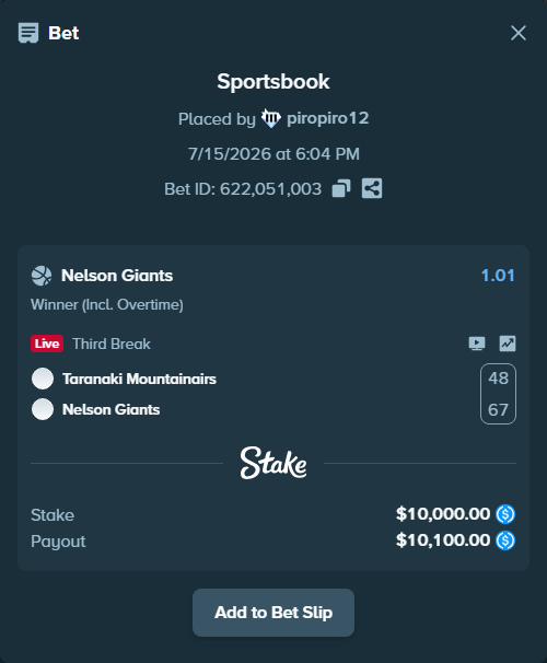 Bet slip: Taranaki Mountainairs - Nelson Giants, $10,000.00 stake at 1.01 odds, placed by piropiro12