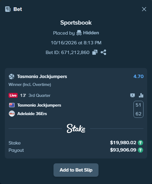Bet slip: Tasmania Jackjumpers - Adelaide 36ers, $20,000.00 stake at 4.70 odds, placed by Hidden