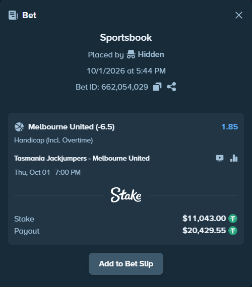 Bet slip: Tasmania Jackjumpers - Melbourne United, $11,043.00 stake at 1.85 odds, placed by Rovangood