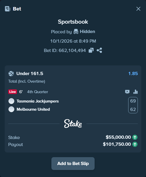Bet slip: Tasmania Jackjumpers - Melbourne United, $55,000.00 stake at 1.85 odds, placed by Hidden