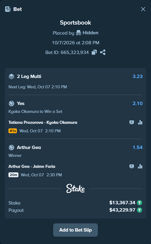 Bet slip: Tatiana Prozorova - Kyoka Okamura, $13,366.00 stake at 2.10 odds, placed by Hidden