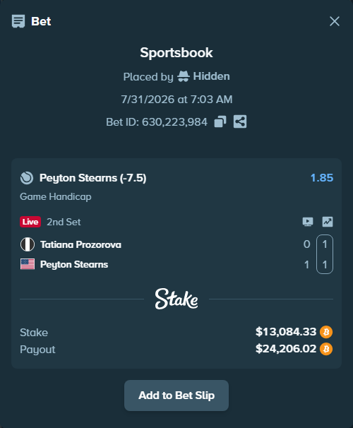 Bet slip: Tatiana Prozorova - Peyton Stearns, $13,011.70 stake at 1.85 odds, placed by Hidden