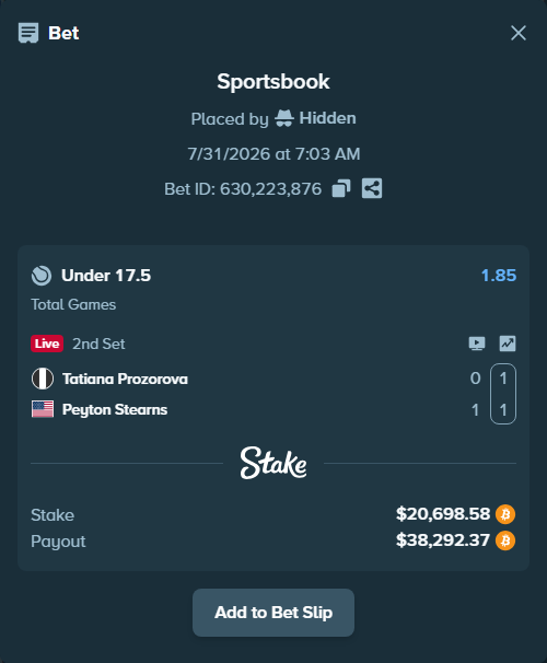 Bet slip: Tatiana Prozorova - Peyton Stearns, $20,583.68 stake at 1.85 odds, placed by Hidden