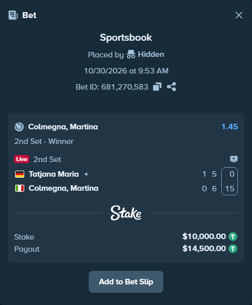 Bet slip: Tatjana Maria - Colmegna, Martina, $10,020.00 stake at 1.45 odds, placed by privetmedvet15