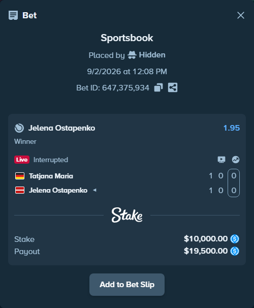 Bet slip: Tatjana Maria - Jelena Ostapenko, $10,000.00 stake at 1.95 odds, placed by Hidden