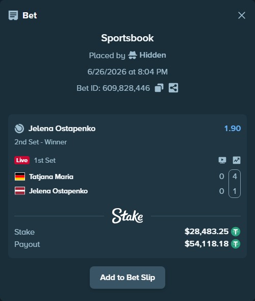 Bet slip: Tatjana Maria - Jelena Ostapenko, $28,511.74 stake at 1.90 odds, placed by Hidden