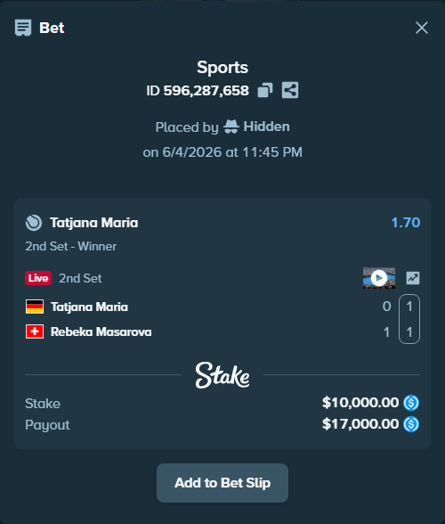Bet slip: Tatjana Maria - Rebeka Masarova, $10,000.00 stake at 1.70 odds, placed by Hidden