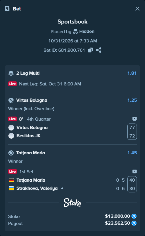 Bet slip: Tatjana Maria - Strakhova, Valeriya, $13,000.00 stake at 1.45 odds, placed by Hidden