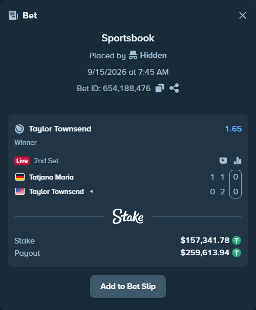 Bet slip: Tatjana Maria - Taylor Townsend, $157,341.78 stake at 1.65 odds, placed by Hidden