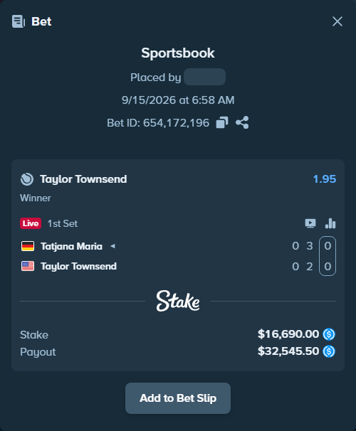 Bet slip: Tatjana Maria - Taylor Townsend, $16,690.00 stake at 1.95 odds, placed by kuwkuw