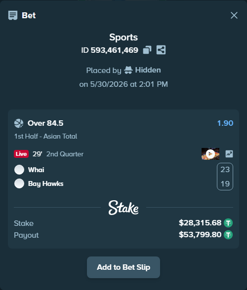 Bet slip: Tauranaga Whai - Hawke's Bay Hawks, $28,344.00 stake at 1.90 odds, placed by Hidden