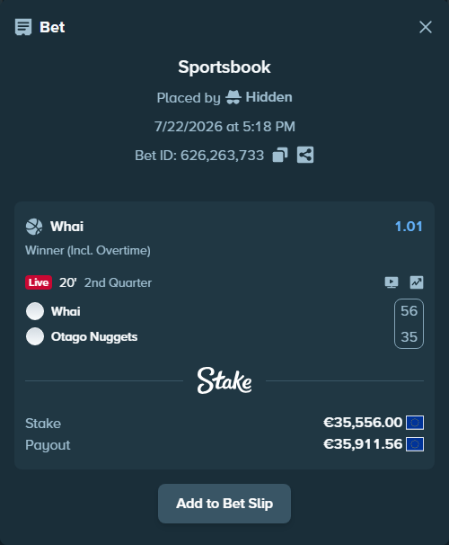 Bet slip: Tauranaga Whai - Otago Nuggets, $38,400.48 stake at 1.01 odds, placed by Hidden
